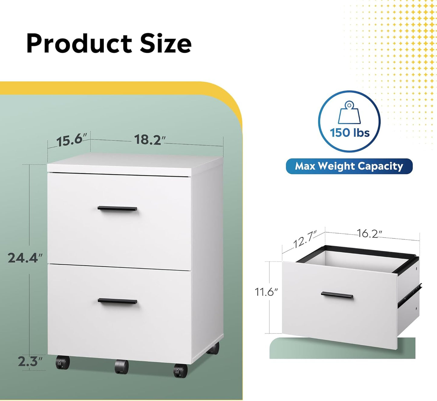 DEVAISE Wood File Cabinet, 2 Drawer Filing Cabinet for Home Office, Vertical File Cabinets with Wheels fits A4/Letter/Legal Size File, White