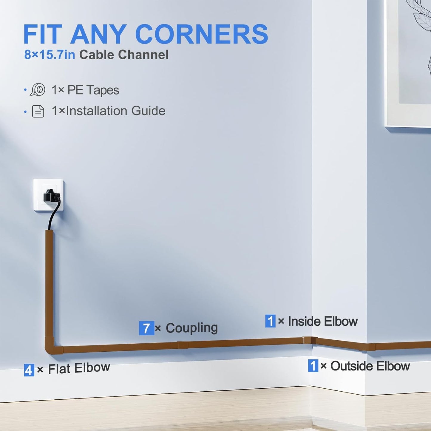 Yecaye 125in Brown Cord Hider, One-Cord Channel Cord Cover on Wall, Cable Management Kit, Wire Covers for Cords, Cable Raceway,W0.59in H0.4in, Brown