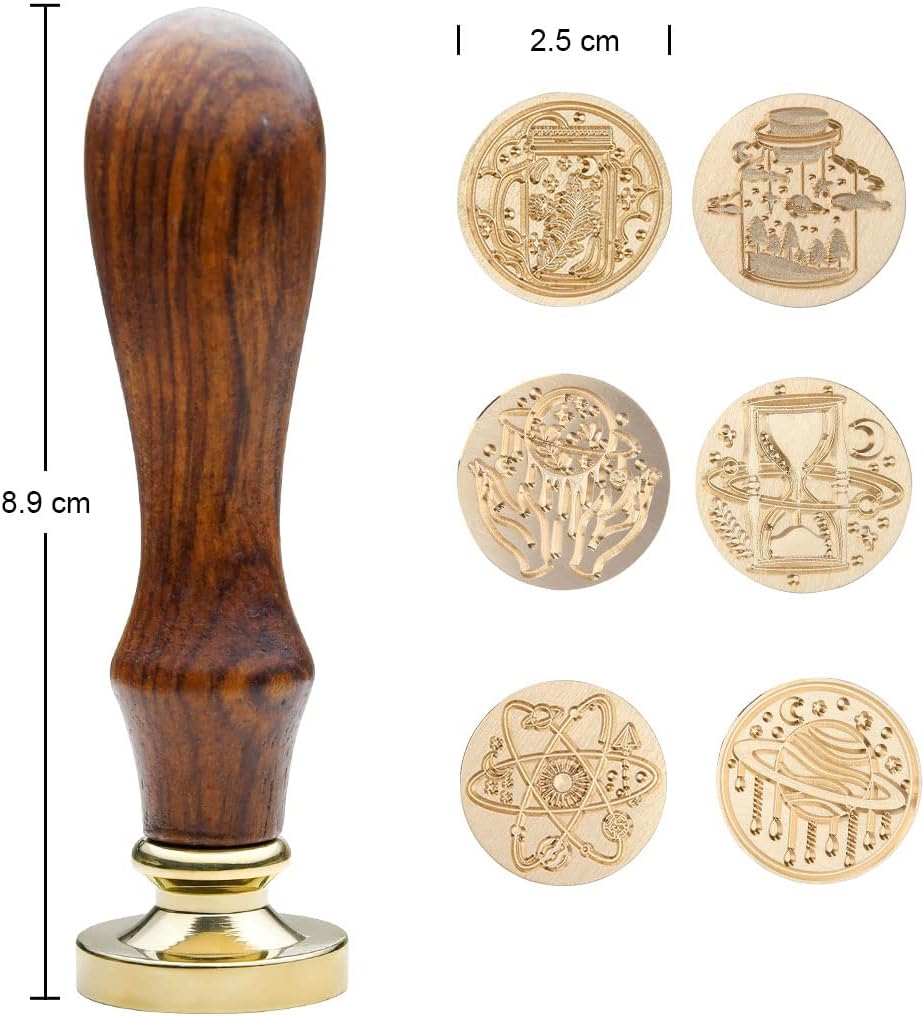 Wax Seal Stamp Kits, 6 pcs Wax Stamp Brass Head & 1 Wooden Handle, 6 Designs (Magic Hourglass/Planet/Space/Magic Forest/Mason Jar)