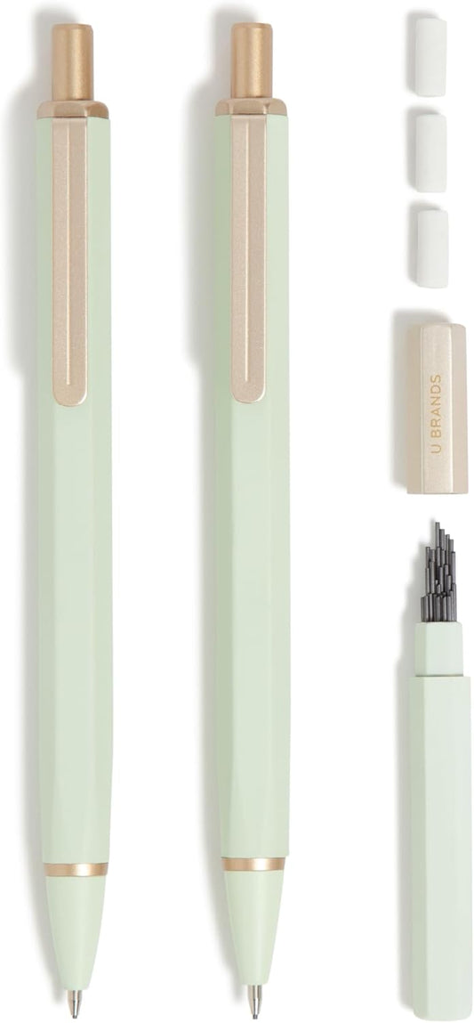 U Brands Cambria Mechanical Pencils, Set of 2, Sage Green, Soft Touch, Medium (0.7 mm) Point, Lead and Eraser Refills