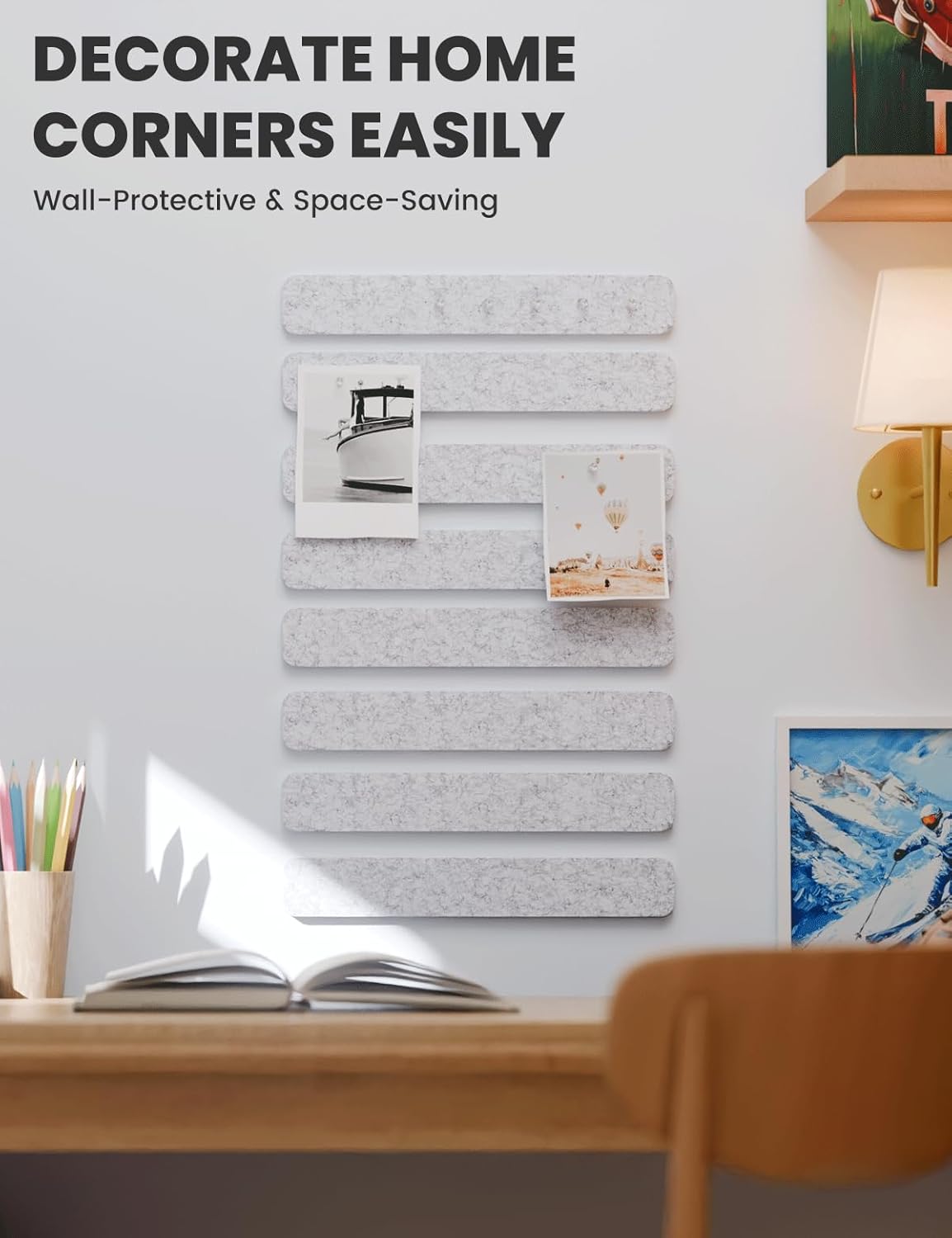 Cork Board Alternative Felt Strip Board 8-Pack 13"x2", Office Pin Board with 50 Push Pins, Adhesive Install for Bedroom Door & Home Office(Marble Gray)