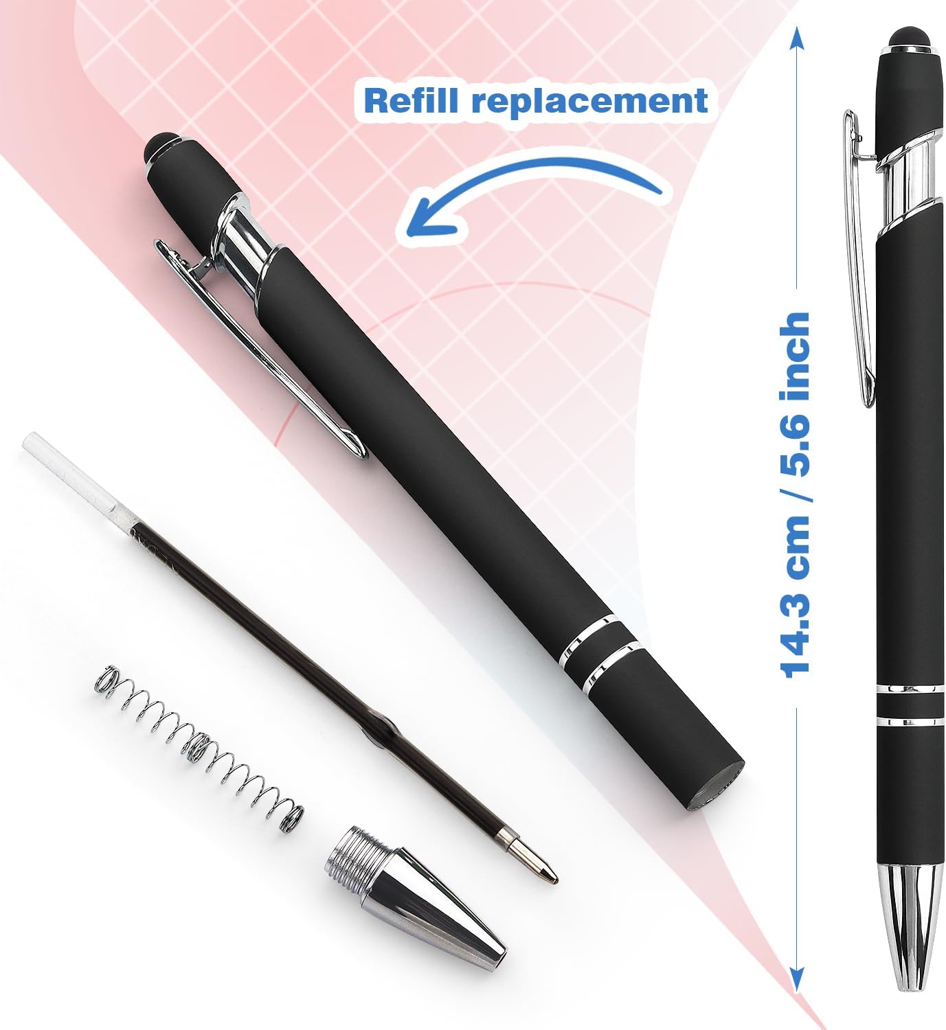 Bribobo 8 Pack Black Ballpoint Pen 2-in-1 Stylus - Retractable Metal Pen With Stylus Tip for Touch Screens, 1.0 mm Black Ink