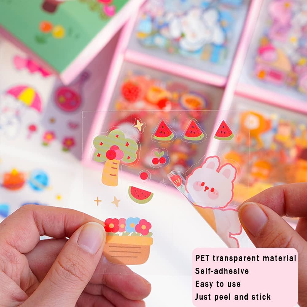 Kawaii Cartoon Rabbit Bear Stickers - EAMOTOL 800 PCS/100 Sheets Transparent PVC Cute Animals Bunny Sticker Kit for Scrapbooking Supplies Planner Clipping Bullet Junk Journals DIY Crafts Letter Cards