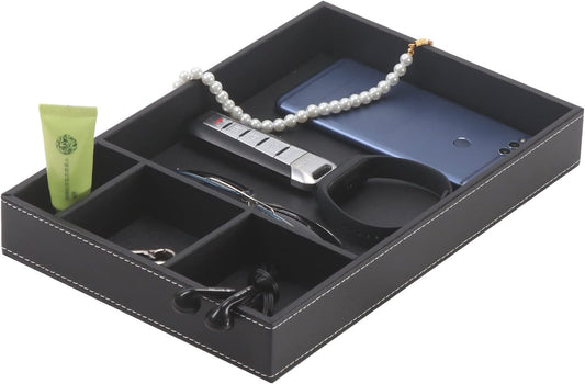 Guestroom Decoration Tray, Nightstand or Dresser Organizer, Valet Tray, 4 Compartment PU Leather Drawer Storage Organizer