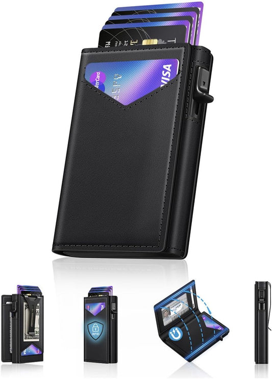 Wallet for Men, RFID Wallet with Money Clip & ID Window, Minimalist Pop Up Credit Card Case Holder 10-12 Cards, Bifold Slim Smart Wallet for Front Pocket, Compact Metal Wallets, Gifts for Men, Black