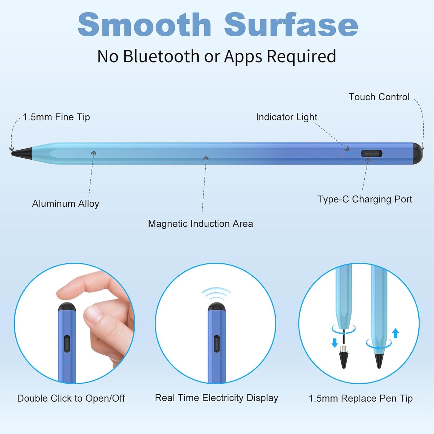 Stylus Pen for iOS&Android Touch Screens, Active Pencil for Samsung, Smart Digital Stylus Pens for Lenovo/Huawei/Vivo/Mi Tablets, iPhone/Google Pixel Smart Phones Drawing&Writing (Gradient Blue)