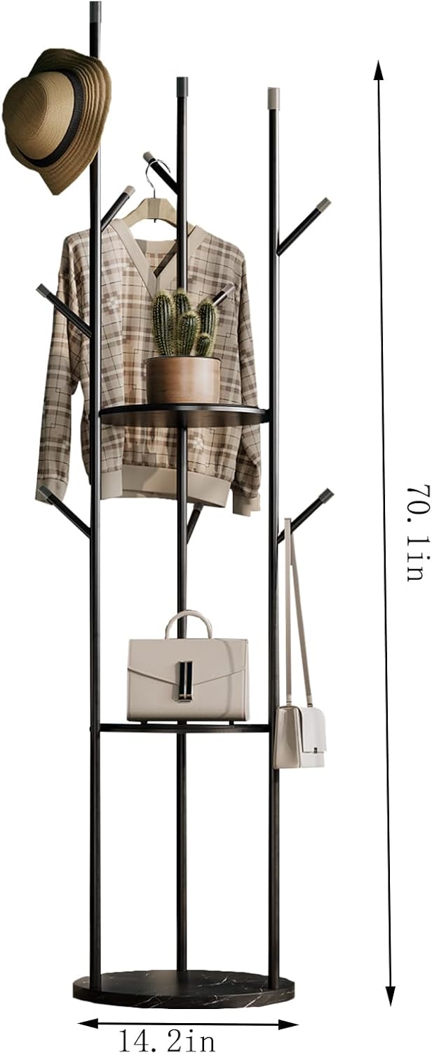 metal Coat Rack whit Marble base,heavy duty coat hanger Stand, Freestanding Coat Racks with 3 Shelves and 9 Hooks,Coat Tree for Entryway, Bedroom, Coats, Bags,purse