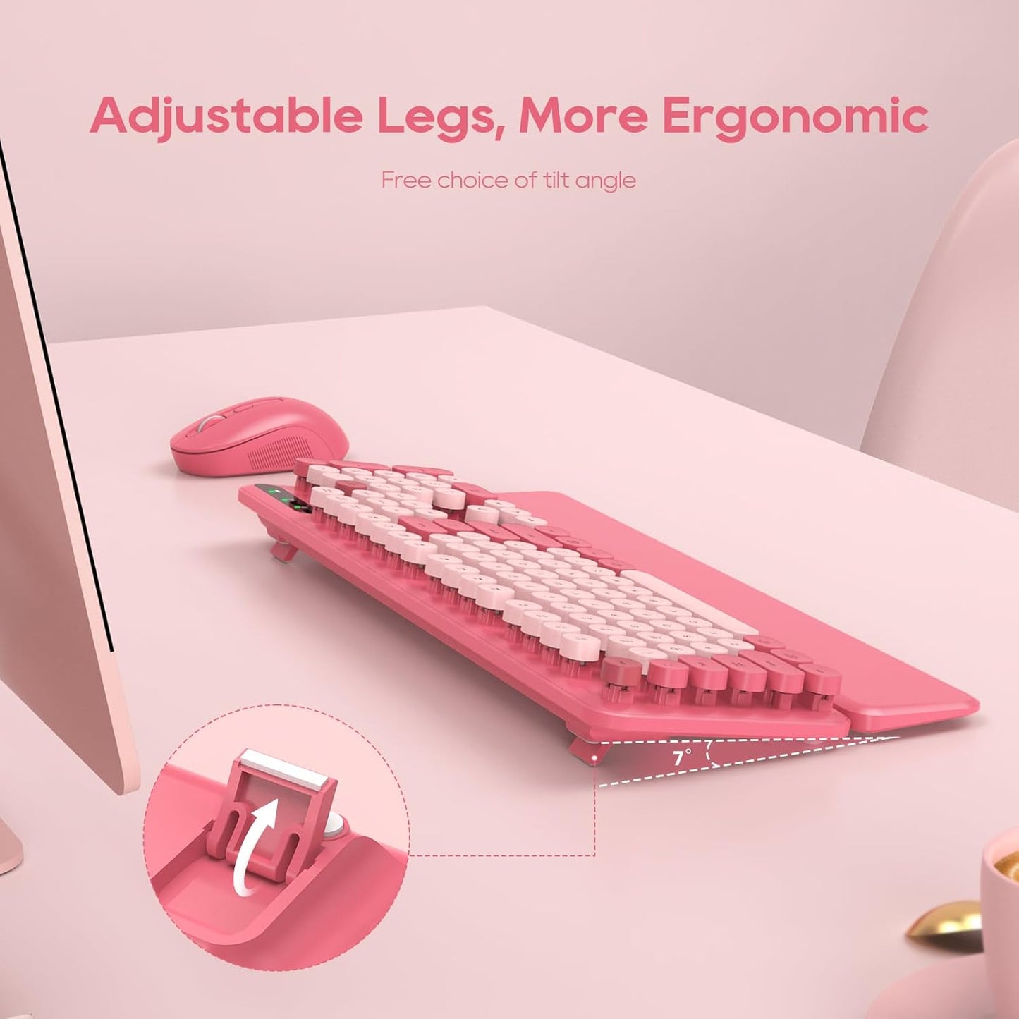 Wireless Keyboard and Mouse Combo - Round Keycaps, Full-Size Retro Typewriter Keyboard with Detachable Wrist Rest, Sleep Mode & Tilt Legs, 2.4GHz Cordless Connection for Mac/Windows/PC (Hot Pink)
