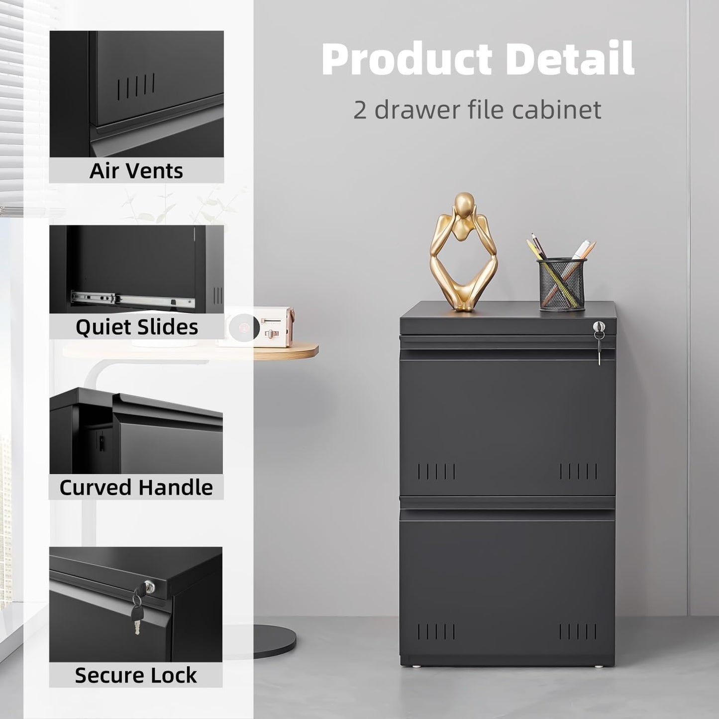 2 Drawer File Cabinets for Home Office, Vertical File Cabinet with Lock, Printer Stand, Office Storage Cabinet for A4/Letter/Legal Size, Under Desk Filing Cabinet, Assembly Required(Black)