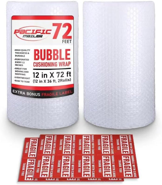 Bubble Cushioning Wrap Pacific Mailer 5/16 Inch x 12 Inch x 72Feet Total [2 Rolls of 36 Feet] Bubble Cushioning Wrap for Packing Moving Supplies Perforated Every 12"