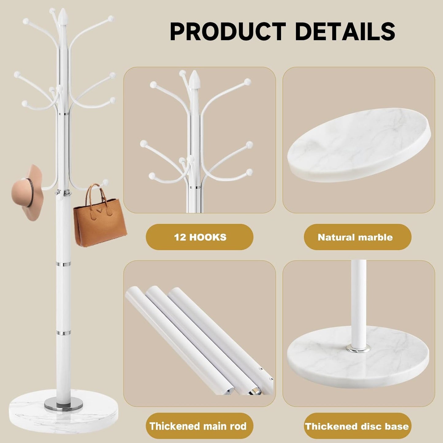Modern Metal Coat Rack Stand, Coat Rack Freestanding with Natural Marble Base, Sturdy Heavy Duty Coat Racks with 12 Hooks, Coat Hall Tree Stand for Entryway, Office (12 HOOKS-White)