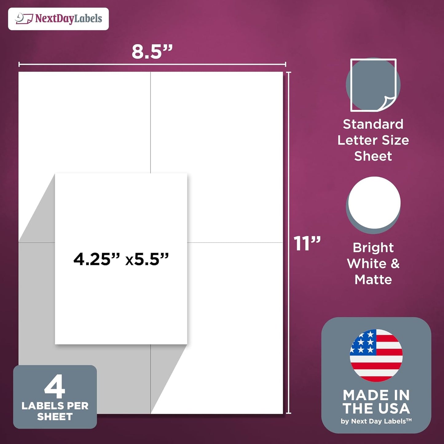 NextDayLabels – 4-1/4" x 5-1/2" Rectangular Sticker Labels for Printer - White Laser/Inkjet Printer Labels Return Address Labels Shipping Label Stickers (50 Sheets, 4 Per Sheet, 200 Labels)