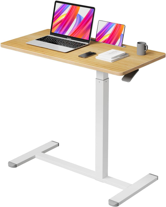 Mobile Standing Desk, Pneumatic Adjustable Rolling Desk(31.5 Inches), Portable Laptop Desk with Wheels, Overbed Bedside Table Laptop Table for Couch, Home, Office, Oak