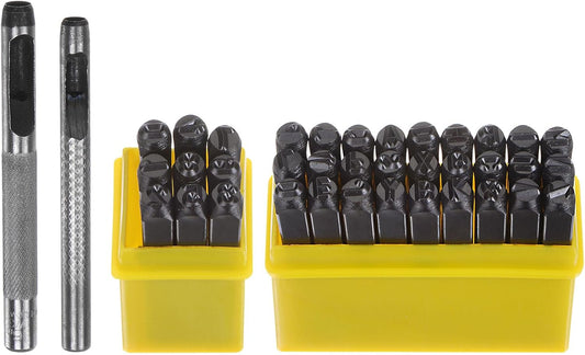 HARFINGTON 36pcs Metal Stamping Kit 3/16" (5mm) (A-Z, 0-8, "&" Symbol) Steel Letter Punch Press Tool with Hole Punch to Stamp on Metal, Plastic, Wood, Leather, Black
