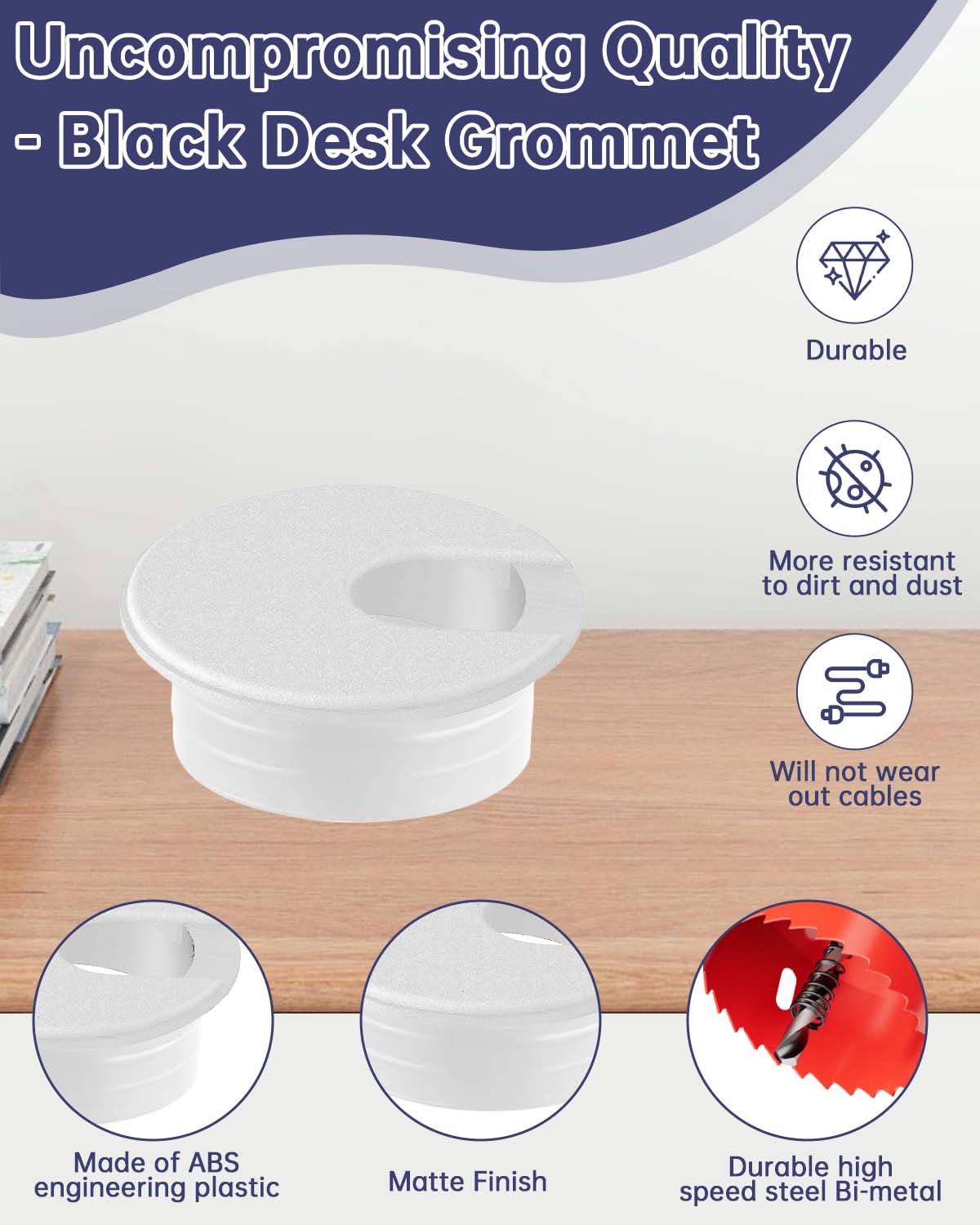 1-3/8 in. Hole Saw with 10PCS White Desk Grommet - Cable Management Kit for TV, Office, and Home Table - Hide Wires Behind Wall, TV Wall Cable Pass Through, Desk Cable Hole Covers