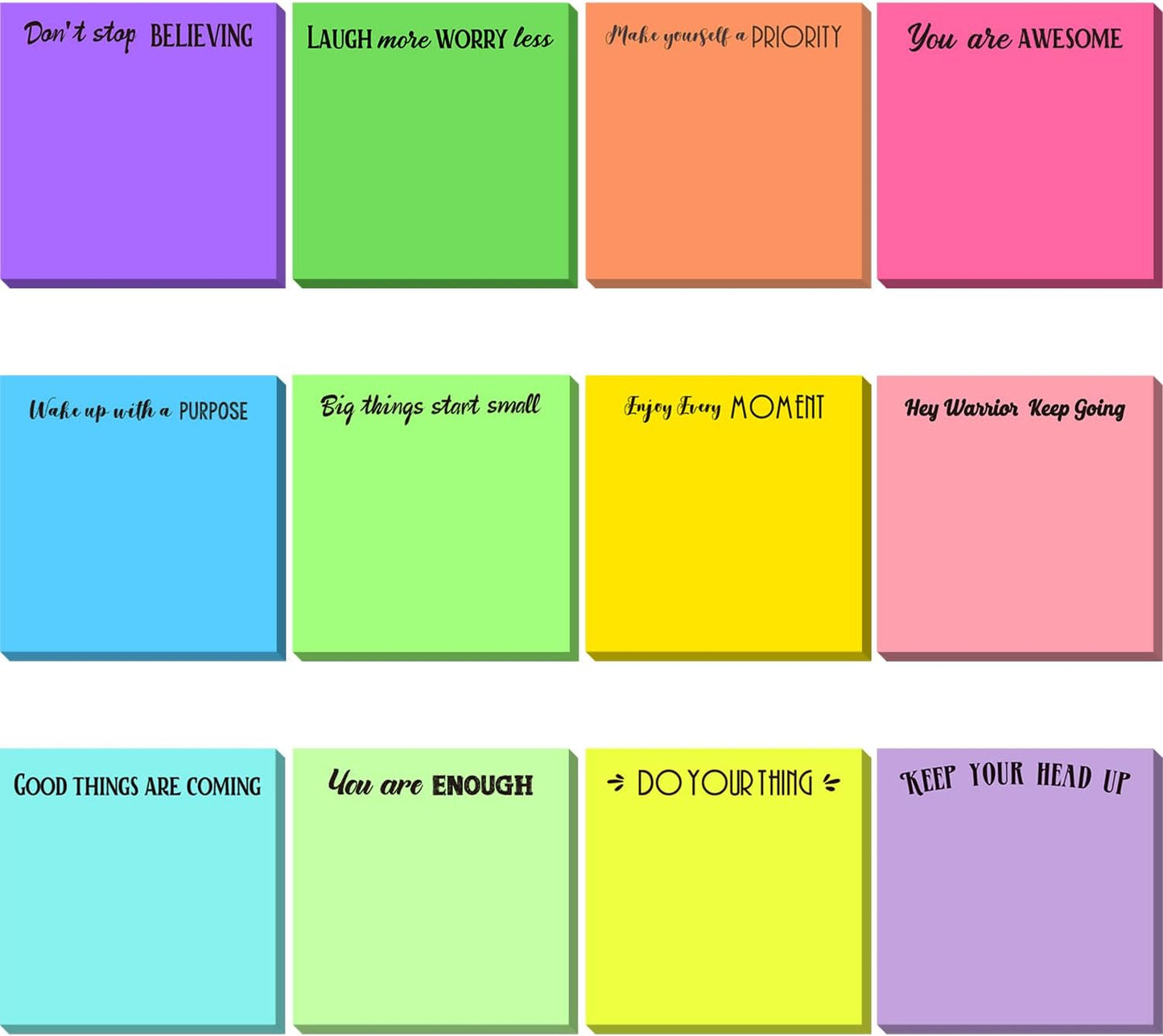 Zonon 12 Pieces Inspirational Sticky Notes 3 x 3 Inch Motivational Fun Notepads Positive Gifts for Teacher Nurse Coworkers Work Studying Supplies(Bright Style)