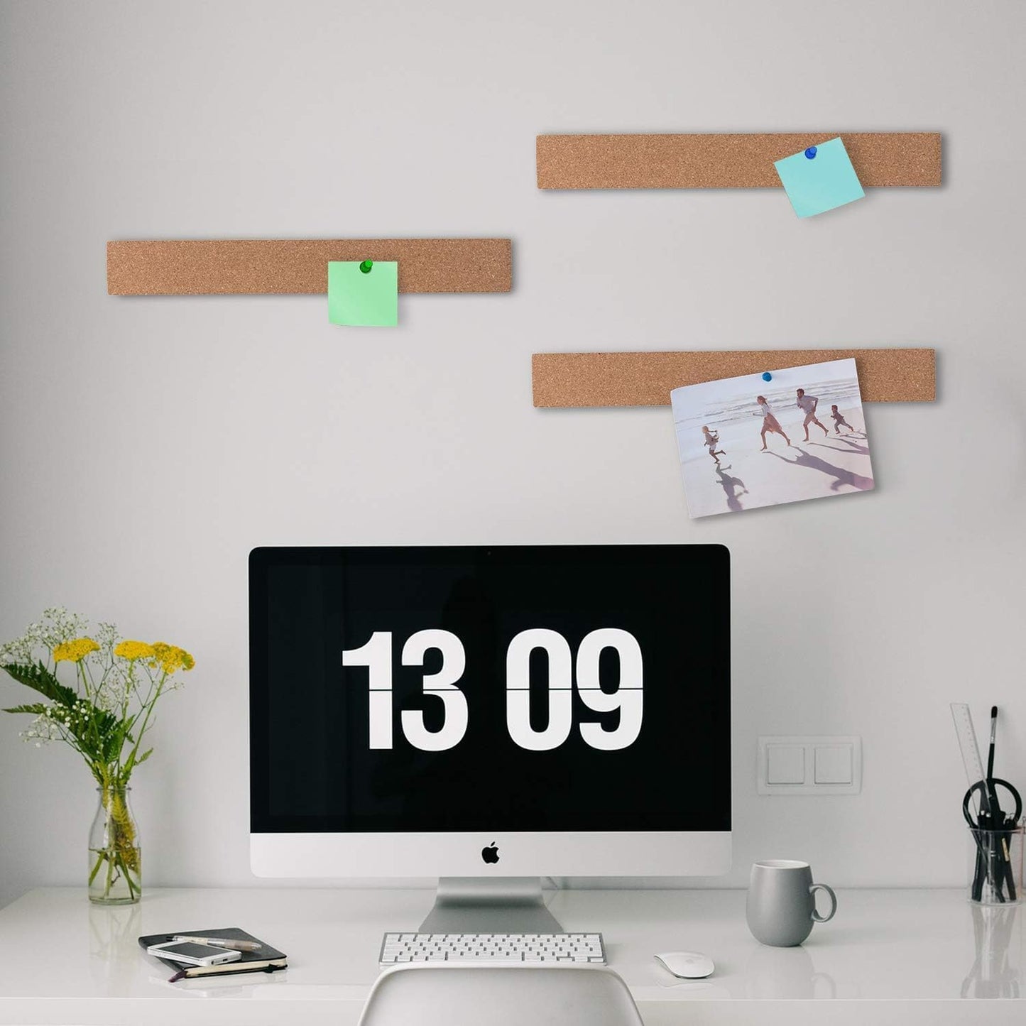 HBlife Cork Board Bulletin Board Bar Strip 15x2 Inch - 1/2 Inch Thick, Frameless Cork Board Strips with 50 Multi-Color Push Pins, Strong Self Adhesive Backing - 4 Pack