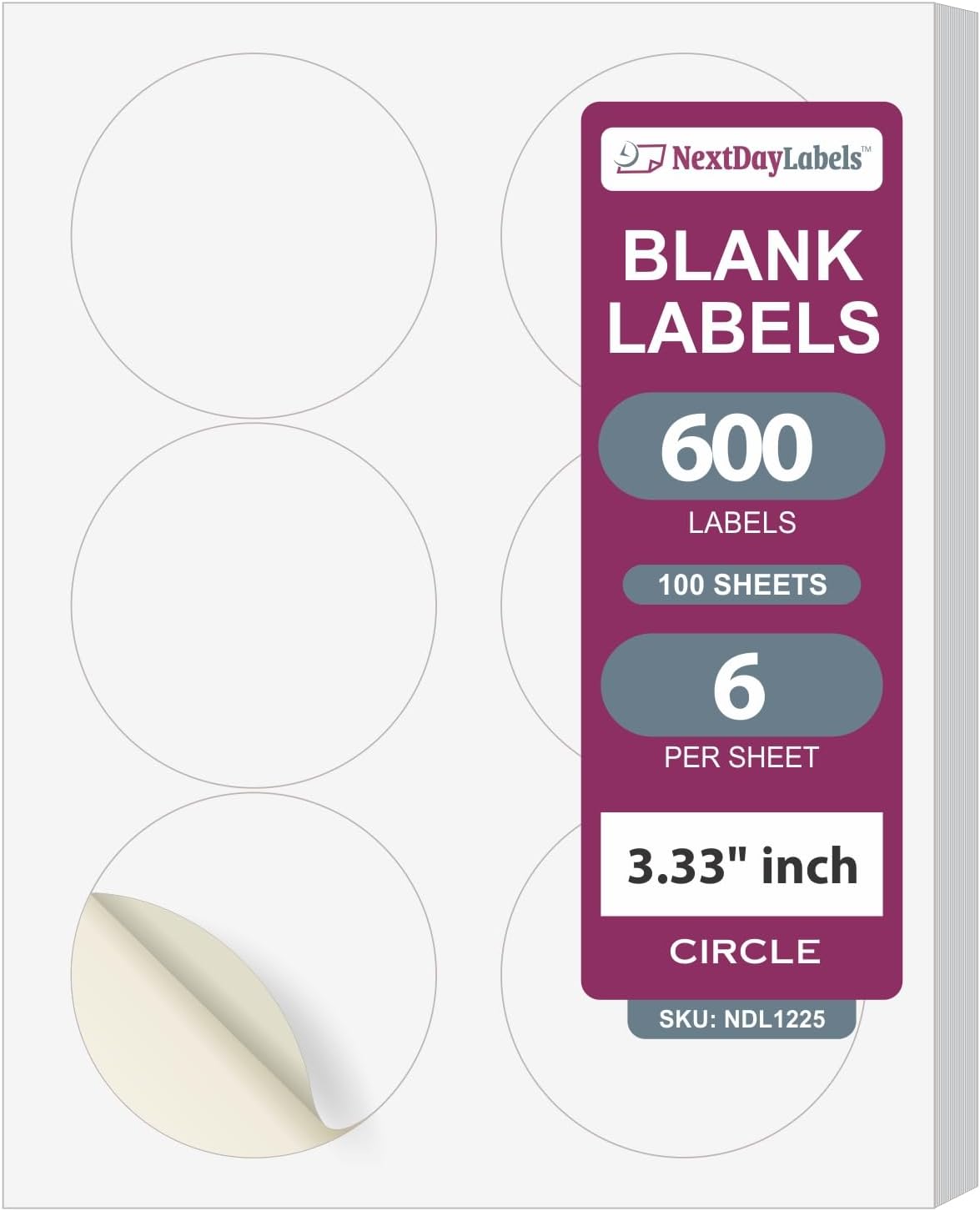 NextDayLabels 3.33 Inch Round Matte White Labels - Laser/Inkjet Printer Compatible (600 Labels)