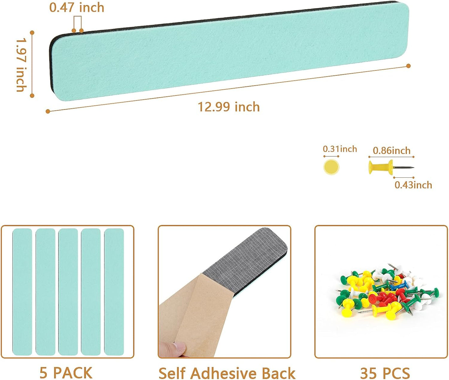 Felt Pin Board Bar Strips Bulletin Board for Bedrooms Offices Home Wall Decoration, Notice Board Self Adhesive Cork Board with 35 Push Pins for Paste Notes, Photos, Schedules (Light Blue)