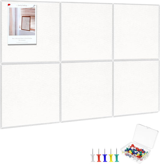 Large Cork Board 36" x 24", 6 Pack Felt Wall Tiles with Colored Pushpins, Bulletin Board with Removable Self-Adhesive Strips, Pin Board Cork Boards for Walls Office Home-White