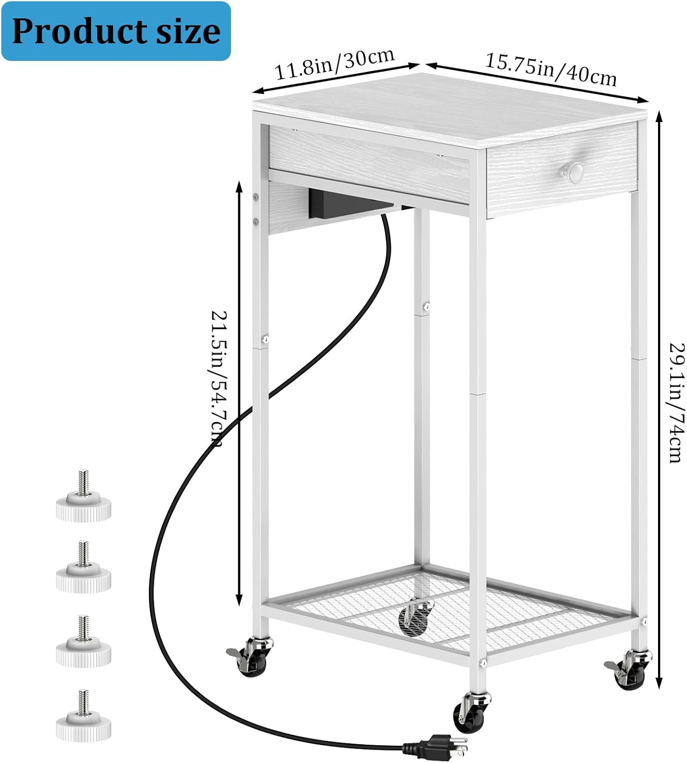 Computer Tower Stand, Adjustable PC Tower Stand CPU Holder Cart with Charge Station and USB Charging Port, 2 Tier Printer Stand with Wood Storage Drawer for Home Office Fax, White