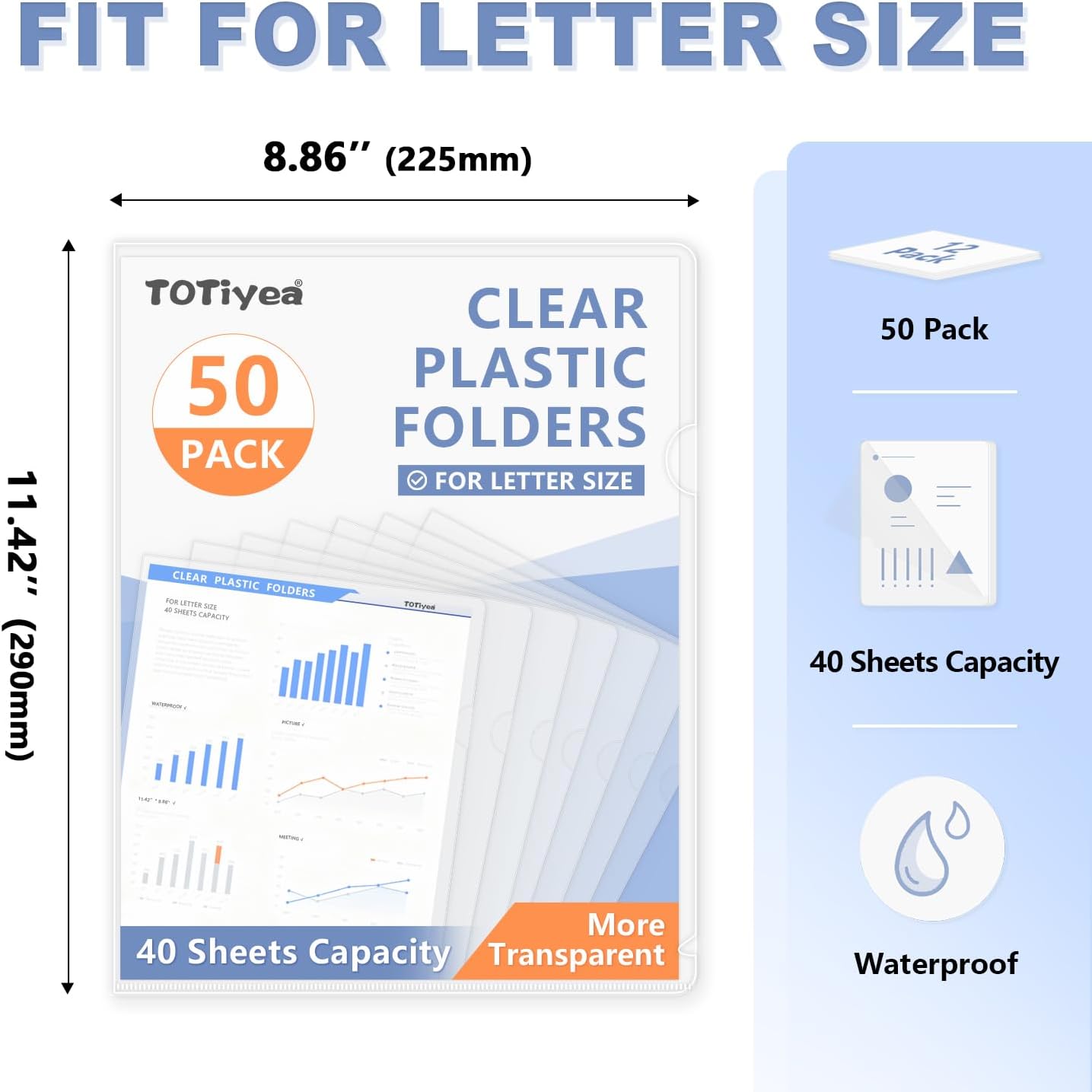 TOTiyea 50 Pack Clear Folder, Plastic L-Type Folders, Clear Copy Safe Project Pocket, Fits Letter Size 8.5x11 Paper, Transparent