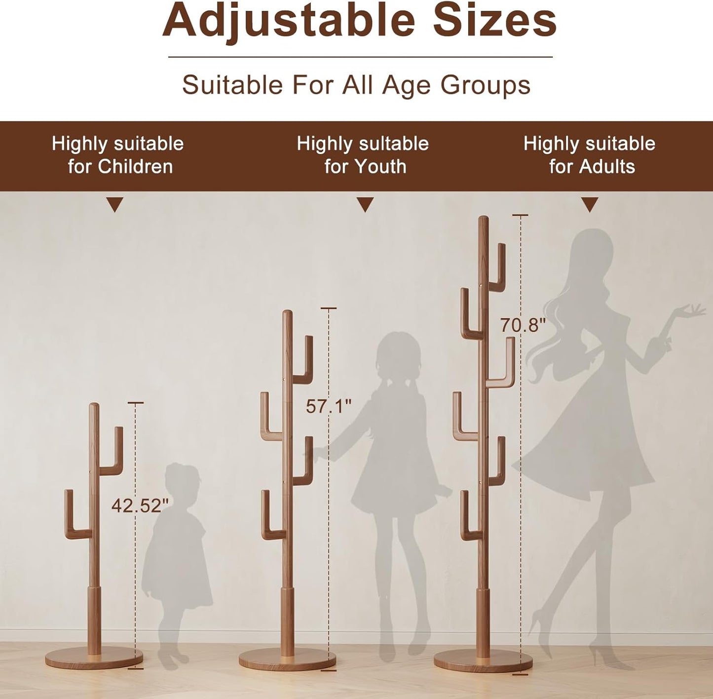 Solid Wood Cactus Coat Rack, Freestanding Coat Rack With 6 L-Shaped Hooks and 3 Adjustable Sizes, Coat Tree for Bedroom, Entryway, Livingroom, Coat Hanger Stand for Coats, Handbags (Walnut)