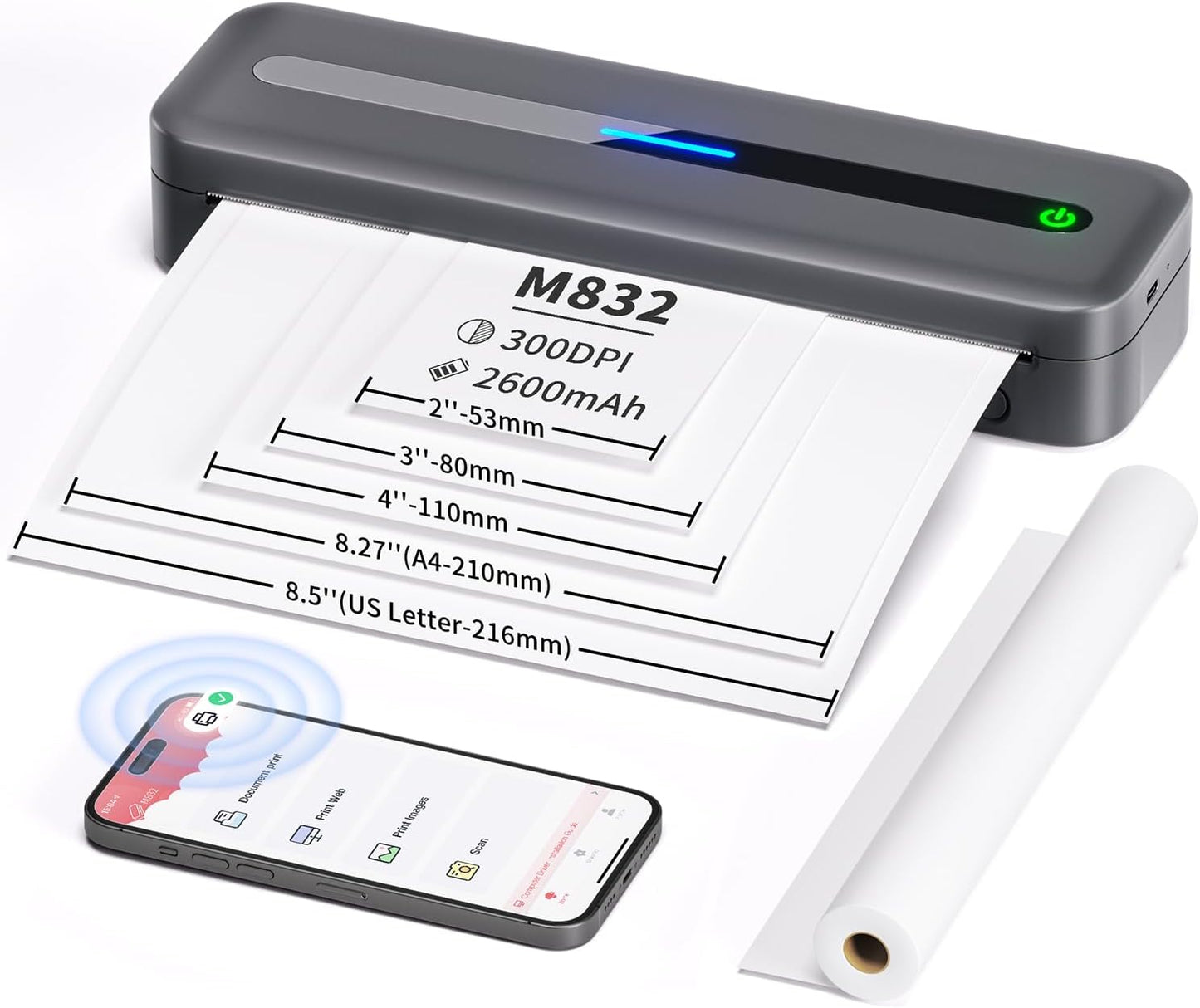 COLORWING Portable Printers Wireless for Travel, 300DPI Mini Compact Inkless Printer, Thermal Bluetooth Printer Compatible with Android and iOS Smartphone & Tablet & Laptop - Gray