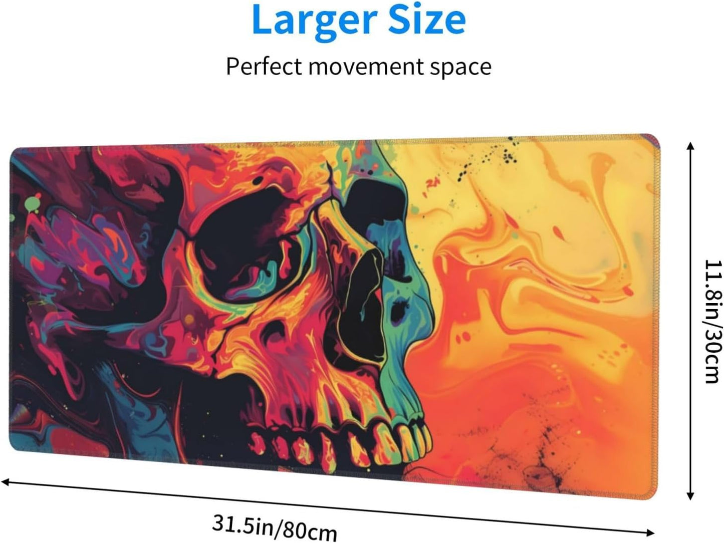 Gaming Mouse Pad Desk Pad,Extended Big Mouse Pad,31.5x11.8 Inch Long Computer Keyboard Mouse Mat Mousepad with 3mm Non-Slip Base and Stitched Edge for Gaming and Office… (Watercolor Skull)