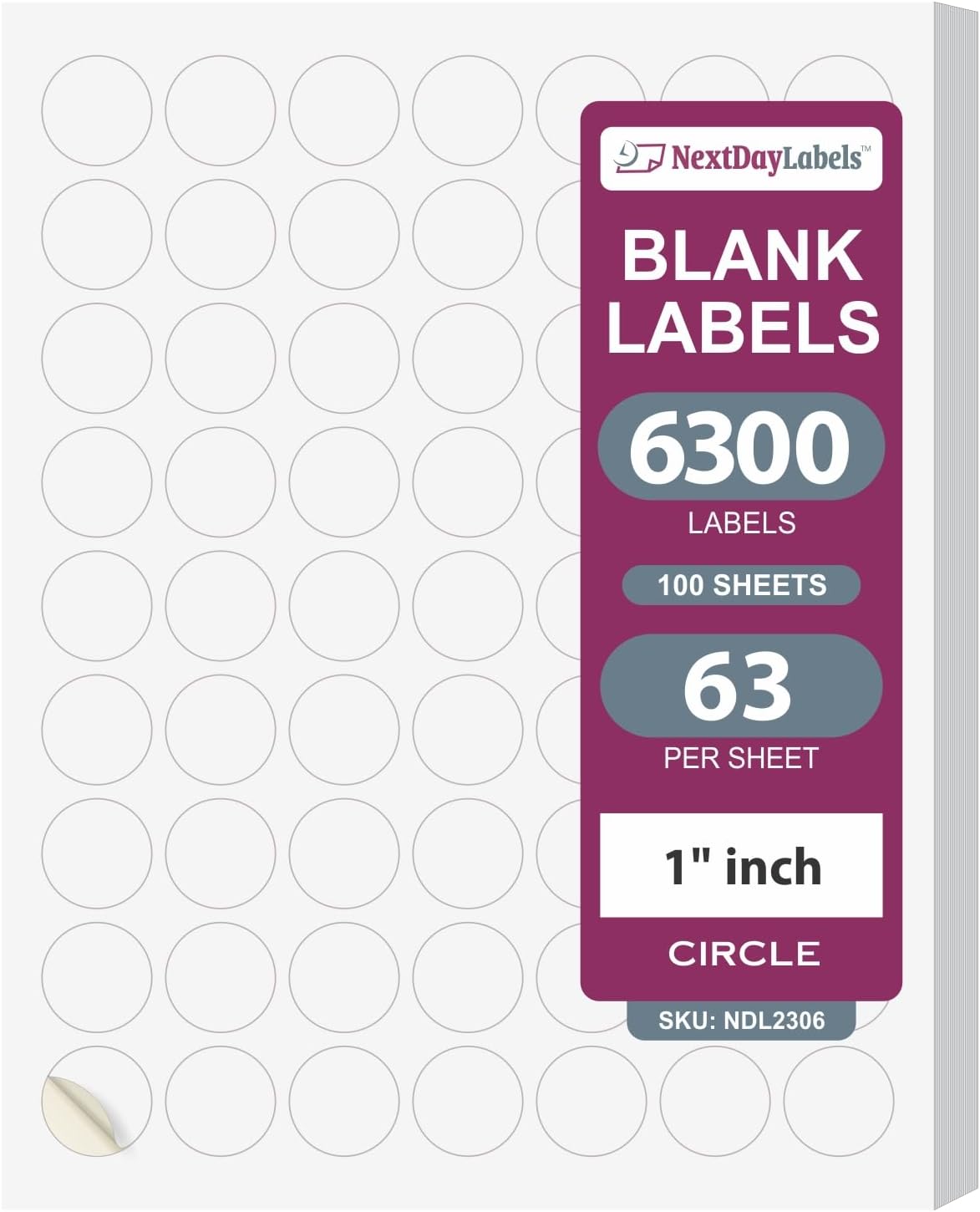 NextDayLabels - Laser/Ink Jet White Labels (1" Round - 63 Per Page | 6300 Labels)