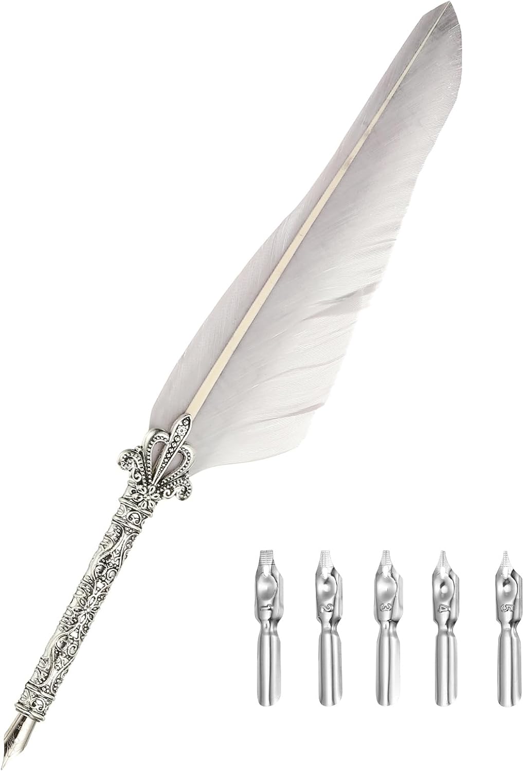 PATIKIL 26.5cm/10.4" Calligraphy Feather Quill Pen, Vintage Feather Dip Pen with 5 Replacement Nibs for Calligraphy Writing Wedding Office Gifts, Gray
