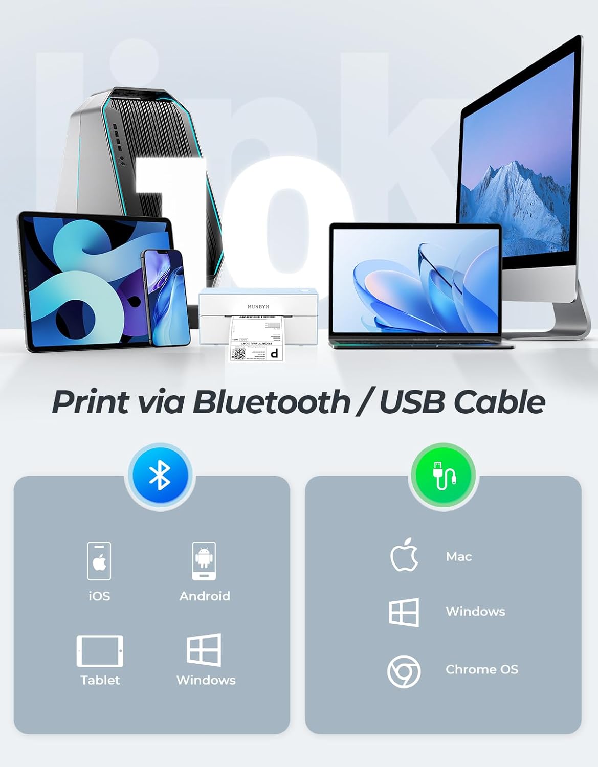 MUNBYN Bluetooth Thermal Label Printer, 4x6 Shipping Label Printer for Shipping Packages, Compatible with iOS, Android, PC, Mac, Chrome OS, Etsy, Ebay, Shopify, Amazon, USPS and More