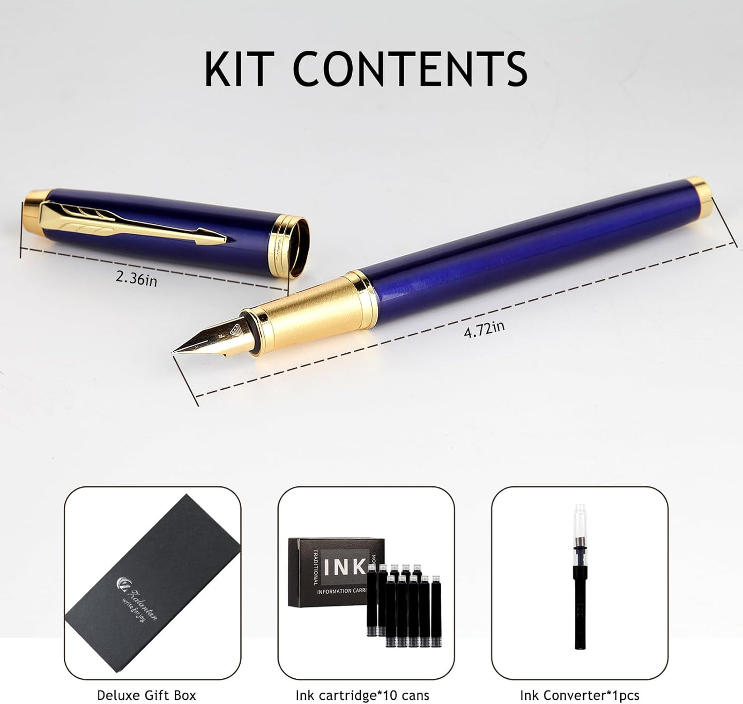 Fountain Pen,luxury pens,Fine point smooth writing pens for journaling fancy pens with Gift Case 10 black ink cartridges an ink converte nice pens writer gifts（Bule）
