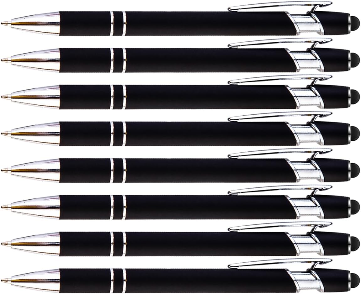 PASISIBICK 8 Pack Black Ballpoint Pens 2-in-1 Stylus Retractable Metal Stylus Pen for Touch Screens with Stylus tip, 1.0 mm Black Ink