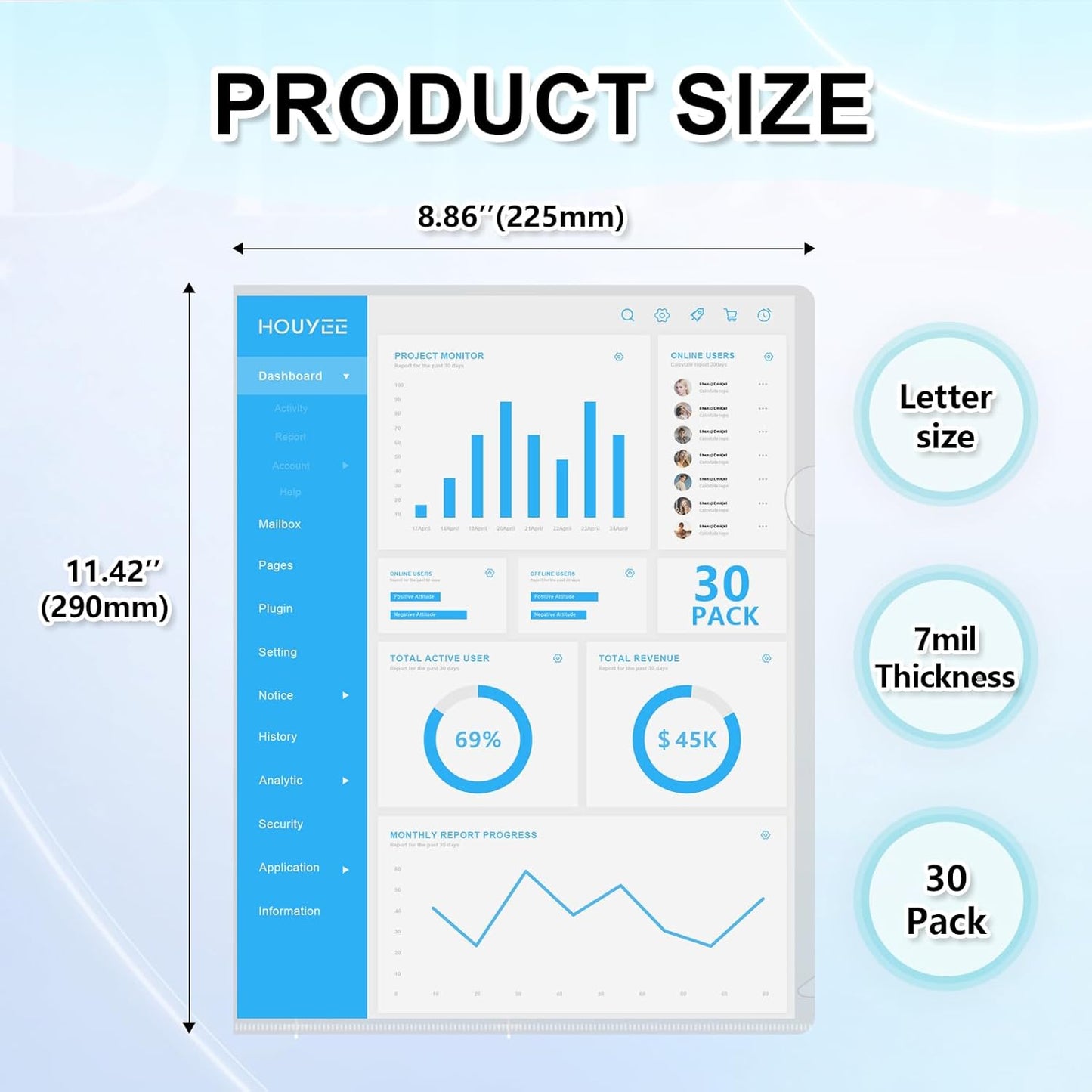 HOUYEE 30 Pack Heavy Duty Clear Document Folder, Plastic Paper Sleeve Fit for Letter Size Paper, for Home, Office, and School Use