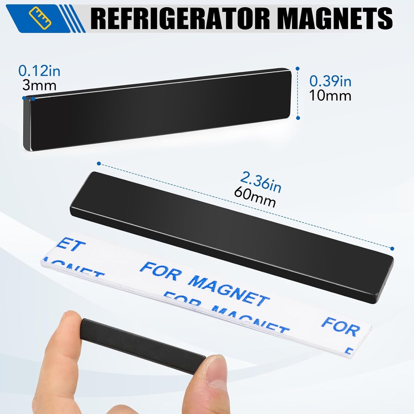 LOVIMAG Rare Earth Bar Magnets, Black Waterproof Strong Neodymium Magnets with Epoxy Coating and Double- Sided Adhesive for Fridge, Scientific, Shower Door, Office Etc, 60 x 10 x 3 mm, Pack of 5