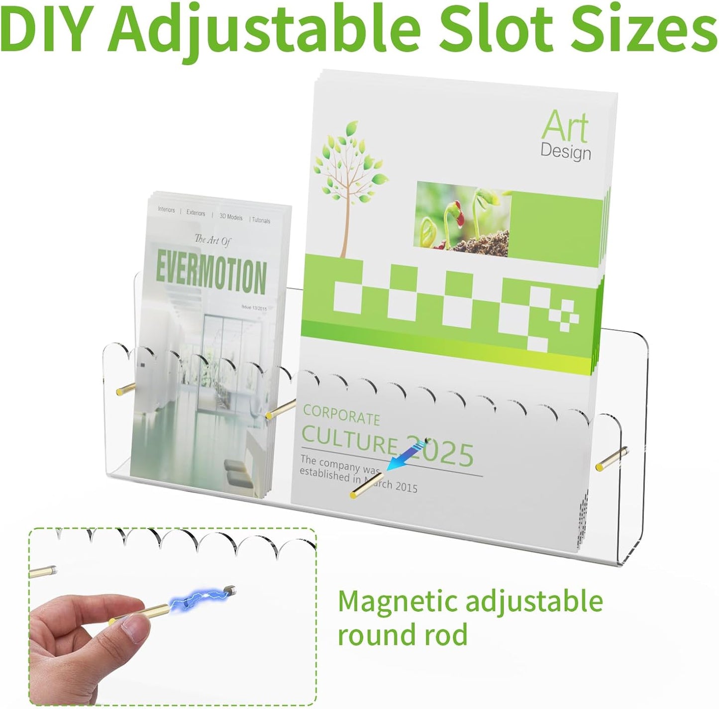 Brochure Holder Wall Mount, 2 Pack Acrylic Modular Flyer with Adjustable Magnetic Golden Bolt, Wavy Lace Pamphlet Display Stand for Organizer Trifold Flyer, Document, Leaflet, 3 Slots