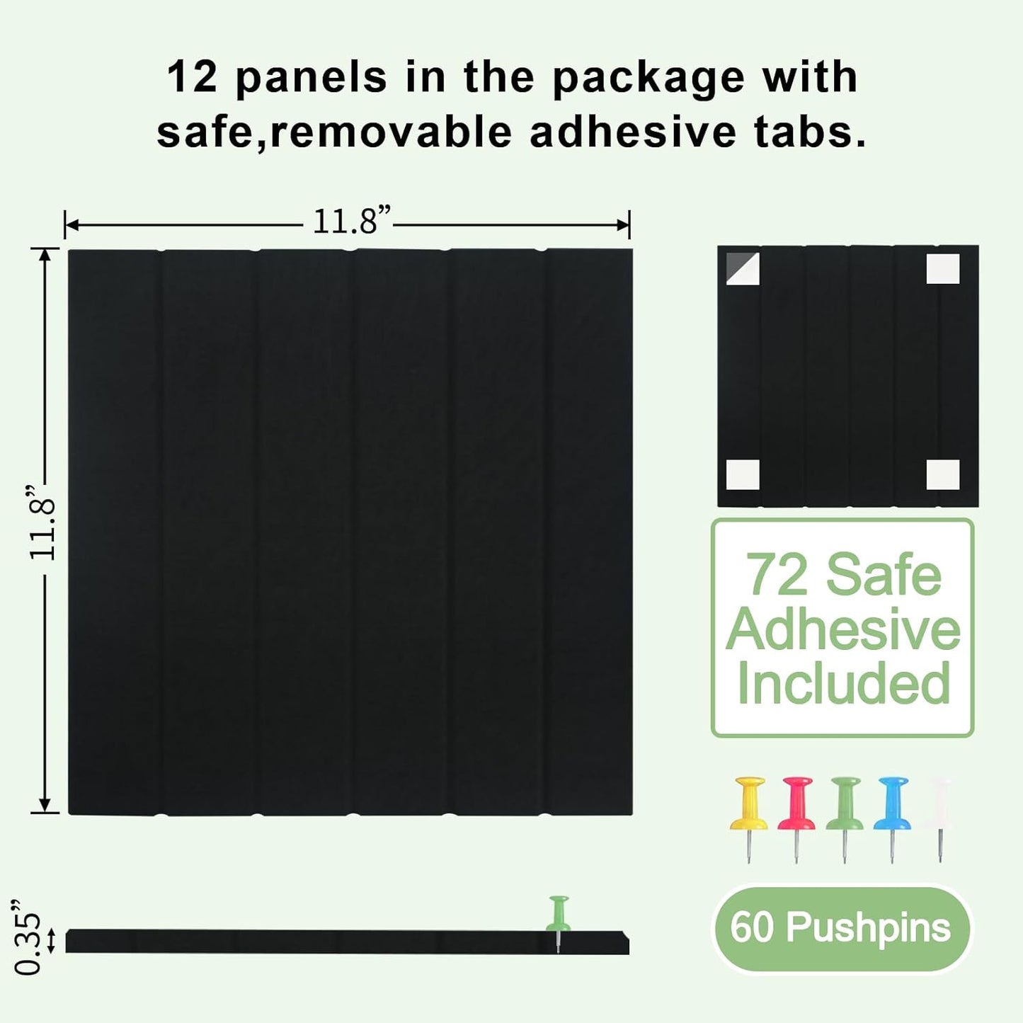 12 Pack Large Cork Board for Walls, Slat Wall Paneling, 48" X 36" Felt Bulletin Board Tiles with Safe Removable Adhesive Tabs & Push Pins, Pin Board Cork Board Wall Organizer for Office - Black