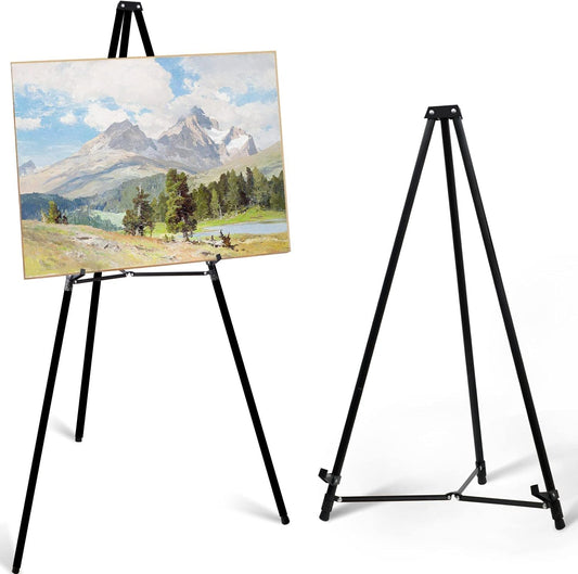 PUJIANG 63" Aluminum Easel Stand for Sign, Large Collapsible Easels for Display Posters/Whiteboard, Adjustable Height Artist Easel for Painting- Floor/Tabletop, Holds 25 lbs,1pcs