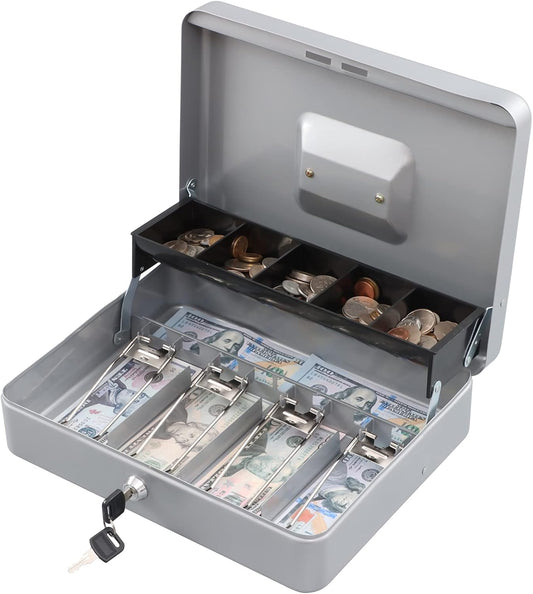 KYODOLED Locking Cash Box with Lock,Money Box with Cash Tray,Lock Safe Box with Key Money Saver,Money Saving Organizer,11.81Lx 9.45Wx 3.54H Inches,Lightgrey XL Large