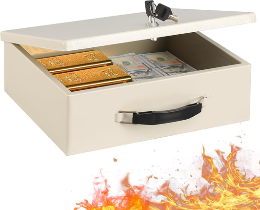 KYODOLED Fireproof Document Box with Key Lock, Safe Storage Box for Valuables, Fire Resistance Security, Fireproof Lock Box for Passport, Cash, Tablet 13.2'' x 11'' x 4.13'' Beige