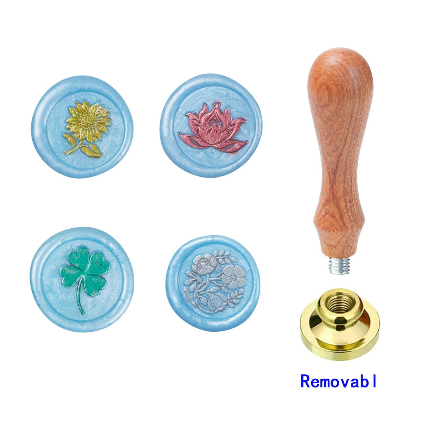Flower Wax Seal Stamp Set with 4 PCS Removable Brass Heads and 1 Wooden Handle - Sunflower, Lotus Sealing Wax Stamp for Cards Invitations
