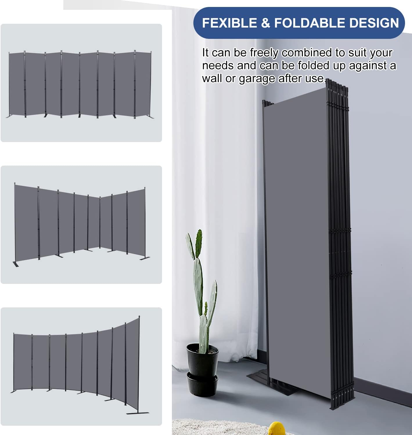 Room Divider and Folding Privacy Screens， 8 Panel Wide Room Divider Wall Screen for Room Separtition, Partition Room Dividers Fabric Panel Wall Dividers Freestanding for Office, Bedroom, Studio Dorm