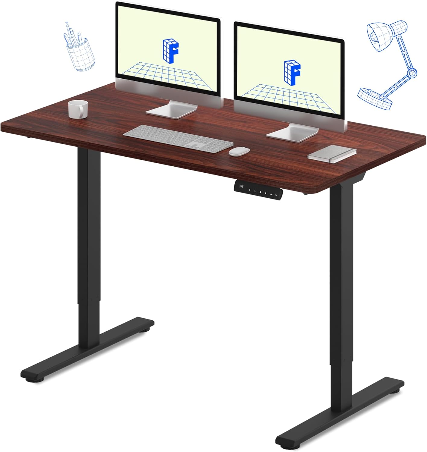 FLEXISPOT E3 Dual Motor Electric Standing Desk 55x28 Inch Whole-Piece Board Height Adjustable Electric Sit Stand Desk (Black Frame + Mahogany Desktop, 2 Packages)