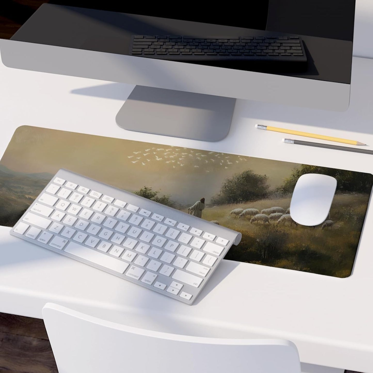 Retro Christian Themed Mouse Pad,Jesus Religious Mouse Pad,Big Large Vintage Easter Desk Mat,Jesus The Good Shepherd,Religious Gifts Christian Gifts for Women,Christian Room Decor,31.5x11.8In