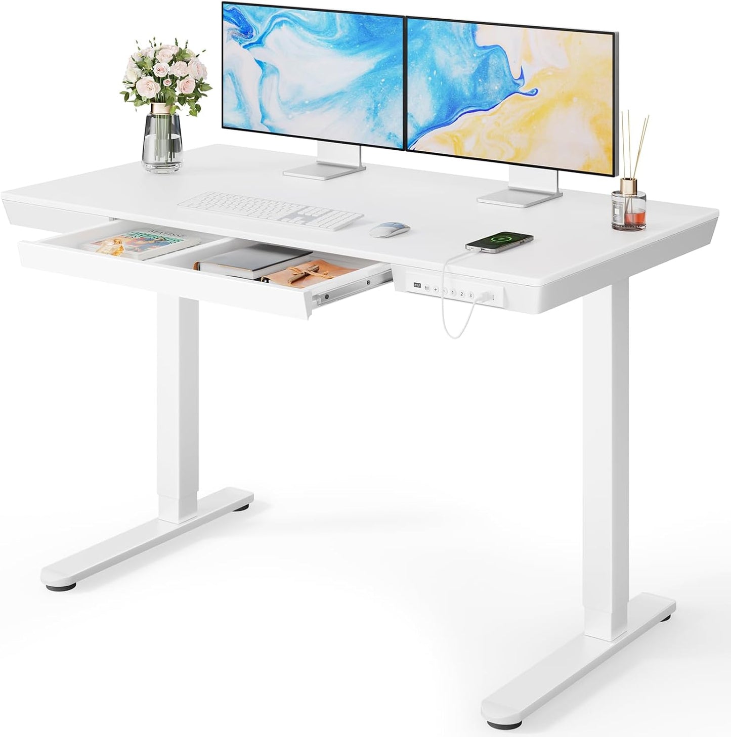 Marsail Standing Desk with Drawer, 48 x 24 inch Whole Piece Tabletop Electric Standing Desk, Height Adjustable Desk with USB Charging Ports, Sit Stand Desk with Storage for Home & Office White