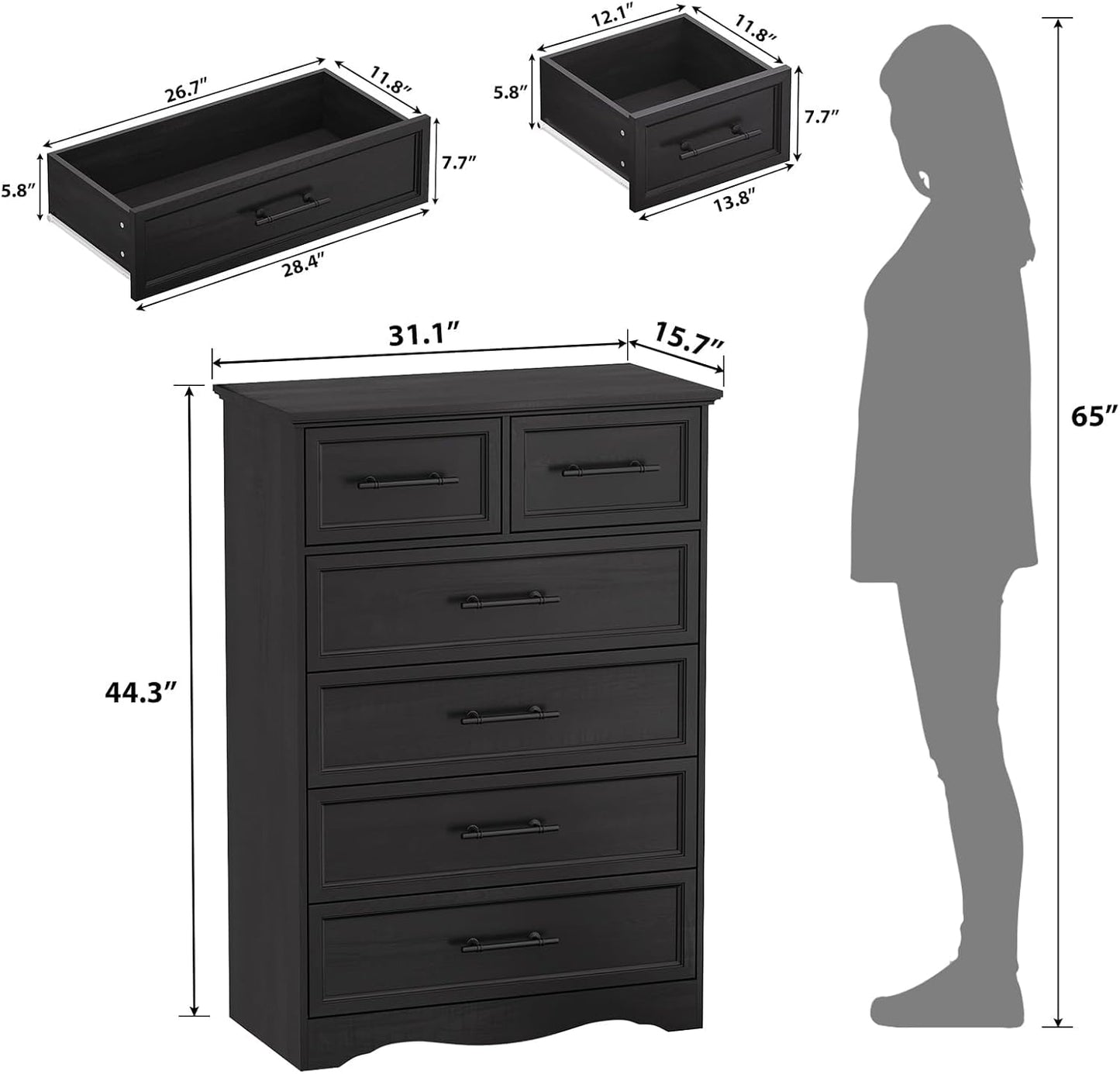 Black Farmhouse Dresser for Bedroom, Modern 6 Chest of Drawers, 44" Tall Chest of Drawers w/Brushed Metal Handle, Wood Closet Organizers and Storage Cabinet for Bedroom, Living Room, Hallway