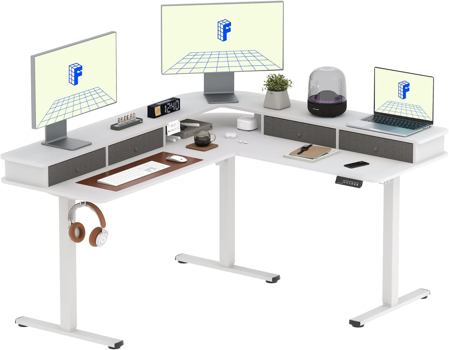 FLEXISPOT 63" L Shaped Standing Desk with Shelf Electric Corner Table, Drawers, Adjustable Computer Workstation for Home, Office,USB Charging Port, 63x55in, White Top + White Frame