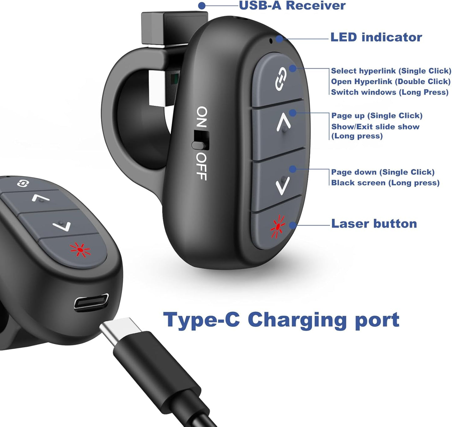 Presentation Clicker PowerPoint Wireless Presenter Remote: Laser Pointer Computer Clickers, Hyperlink Finger Ring Project Power Point PPT Clicker for Mac Laptop Office, Slideshow Google Slide Advancer