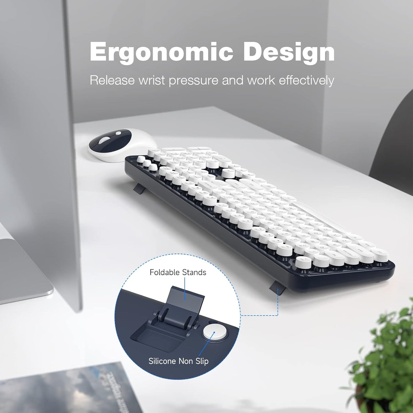 Wireless Keyboard and Mouse Combo, 104 Keys Full-Sized Typewriter Keyboards and Retro Mouse, 2.4 GHz USB Receiver Plug and Play, for Windows 7 8 10, PC, Laptop, Desktop (Dark Blue)
